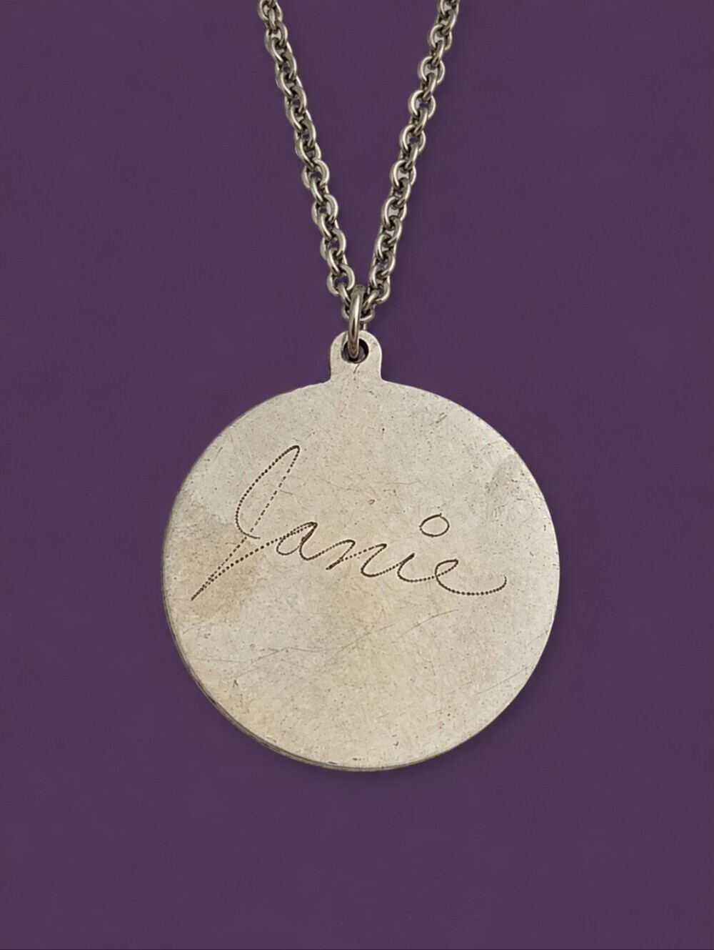 3/$30 Vtg 1970s Silvertone Personalized  Name Janie Round Pendant Chain Necklace